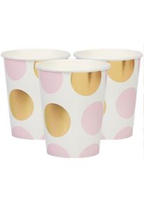 8 gobelets en papier rose pastel à pois dorés 220ml