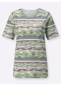 Dames Shirt met ronde hals, rondom bedrukt in reseda/ecru bedrukt ,maat 40, WITT, 100% Katoen