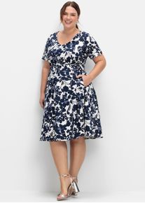 sheego Damen Cocktailkleid mit Blumenprint und Stoffg&uuml;rtel in marine-gemustert ,Gr&ouml;&szlig;e 40, Witt, 97% Baumwolle, 3% Elasthan