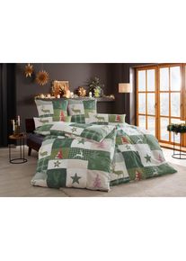 Home Affaire, Bettw&auml;sche &raquo;Nicholas&laquo; 2 Stk. tlg. Weihnachtsbettw&auml;sche, Winter, in 3 Qualit&auml;ten verf&uuml;gbar, gr&uuml;n, Biber, Obermaterial: 100% Baumwolle, B/