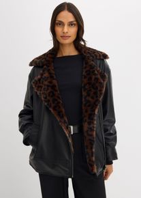 bonprix Femei Geacă din imitație de piele cu blană sintetică cu model leopard, negru, 40