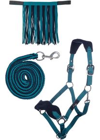 HKM Halfter Set mit Karabiner & Fliegenfransen, petrol/navy, Vollblut