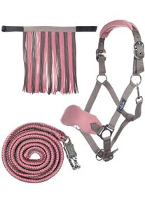 HKM Halfter Set mit Panikhaken & Fliegenfransen, mokka/milky pink, Vollblut