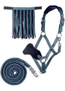 HKM Halfter Set mit Panikhaken & Fliegenfransen, petrol/navy, Vollblut