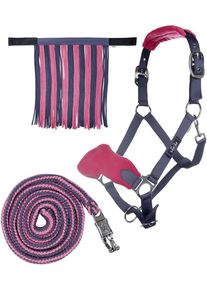 HKM Halfter Set mit Panikhaken & Fliegenfransen, grau/pink, Pony
