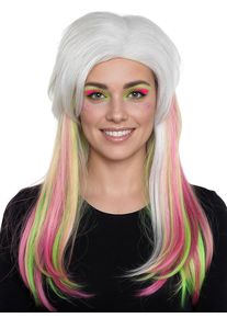 maskworld Peluca blanca de pelo largo con mechones de colores neón