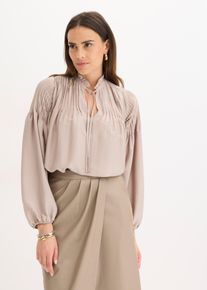 Tunikabluse aus gl&auml;nzendem Satin mit Biesen, grau, Gr&ouml;&szlig;e 38, Satin, bonprix