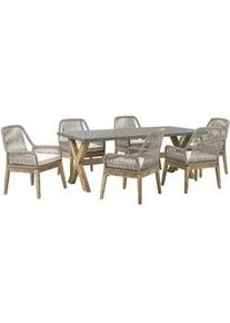 Beliani Gartenmöbel SET 6-Sitzer Faserzement 200/100 cm grau/beige Olbia , Grau, Beige, Hellbraun , Stein , Loungemöbel, Loungemöbel-Sets