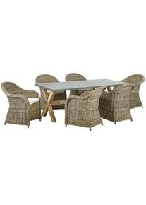 Beliani Gartenmöbel SET 6-Sitzer Rattan natürlich Auflagen cremeweiß Susua/Olbia , Beige, Grau, Hellbraun, Weiß, Naturfarben , Naturmaterialen , Loungemöbel, Loungemöbel-Sets