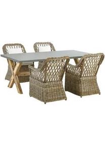 Beliani Gartenmöbel SET 4-Sitzer Rattan natürlich Auflagen cremeweiß Maros/Olbia , Beige, Grau, Hellbraun, Weiß, Naturfarben , Naturmaterialen , Loungemöbel, Loungemöbel-Sets