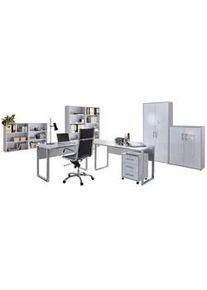 Mid.you Büro , Grau, Weiß Hochglanz , Metall, Holzwerkstoff , 12,6 Fächer , 3 Schubladen , Made in Germany , erweiterbar, abschließbar , Büromöbel, Büromöbel-Sets & Büromöbel-Serien, Büromöbel-Sets & Büromöbel-Serien