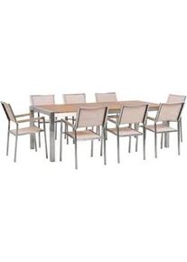 Beliani Gartenmöbel-Set 8-Sitzer Eukalyptusholz Textilbespannung beige Grosseto , Hellbraun, Beige, Silberfarben , Holz , Loungemöbel, Loungemöbel-Sets