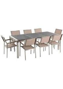 Beliani Gartenmöbel SET 8-Sitzer Naturstein schwarz geflammt beige Textilbespannung Grosseto , Grau, Beige, Silberfarben , Metall , Loungemöbel, Loungemöbel-Sets