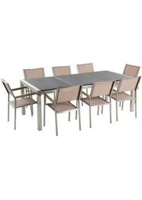 Beliani Gartenmöbel SET 8-Sitzer Granit grau poliert Textilbespannung beige Grosseto , Beige, Grau, Silberfarben , Metall , Gartenmöbel, Gartenmöbel-Sets