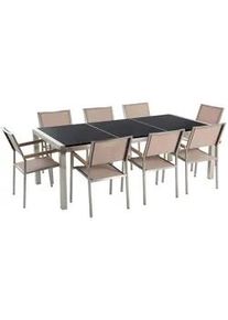 Beliani Gartenmöbel SET 8-Sitzer Naturstein schwarz poliert Textilbespannung beige Grosseto , Beige, Schwarz, Silberfarben , Metall , Loungemöbel, Loungemöbel-Sets