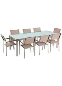 Beliani Gartenmöbel-Set 8-Sitzer Crashglas Textilbespannung beige Grosseto , Beige, Transparent, Silberfarben , Glas , Loungemöbel, Loungemöbel-Sets