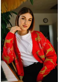 Urban Classics - Ladies Short Oversized Christmas Red/Gold - Cardigan - rojo - XS - 100% poliacr&iacute;lico,Lana