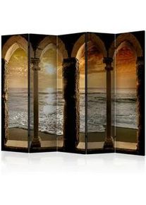 Artgeist Paravent , Braun, Gelb , Holz, Textil , Kiefer , massiv , Strand , 225x172x3 cm , Motiv auf Vorderseite , Kleinmöbel
