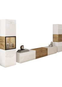 P & B Wohnwand, Wei&szlig;, Eiche Wotan, Glas, Holzwerkstoff, 3-teilig, 8 F&auml;cher, kaltwei&szlig;, 240x130x31 cm, Fsc, stehend, h&auml;ngend, Beleuchtung, spiegelbildliche Montage m&ouml;glich, Wohnzimmer, Wohnw&auml;nde, Komplette Wohnw&auml;nde