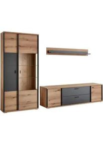 Xora Wohnwand , Schwarz, Eichefarben, Dunkelgrau , Metall , 11 Fächer , 2 Schubladen , 312.4x208.8x50 cm , Beimöbel erhältlich , Wohnzimmer, Wohnwände, Komplette Wohnwände