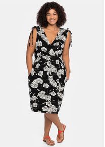 sheego Damen Strandkleid mit Blumenprint, in Wickeloptik in schwarz-weiß ,Größe 44, Witt, 95% Viskose, 5% Elasthan