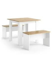 VICCO Esstisch SET Sentio Weiß/Goldkraft Eiche 80 x 80 cm mit 2 Bänken , Honigeiche, Weiß , Holzwerkstoff , Quadratisch , 80x73x80 cm , Esszimmer, Bänke, Tisch- & Eckbankgruppen