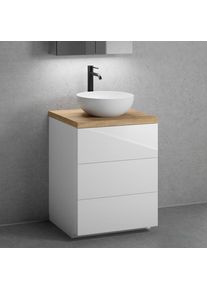 neoro n50 Lavabo à poser Ø 40 cm avec plan de toilette en bois massif et meuble sous-vasque l : 60,5 H : 94 P : 51,5 cm, avec 3 tiroirs,