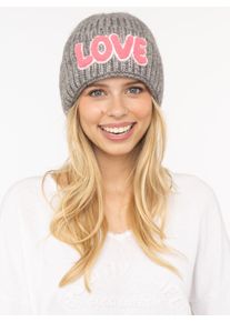Zwillingsherz Beanie Love Label met love-opschrift en wolpercentage dames mutsen grijs