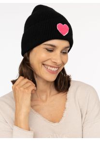 Zwillingsherz Beanie Heart Patch Grof breisel, hartmotief, wolgehalte, brede omslag, verwarmend, dames mutsen zwart