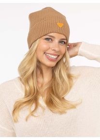 Zwillingsherz Beanie with Heart-Patch Ribbreisel, met brede omslag, verwarmend dames mutsen beige