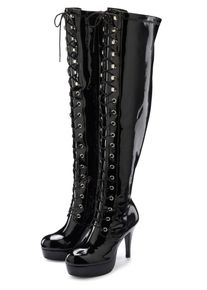 LASCANA Belle Affaire Overknee-laarzen High-heel enkellaars om te veterschoenen met rits en plateauzool, erotische lak-look dames overknee laarzen