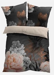 bonprix Lenjerie de pat reversibilă, deisgn floral, negru, 1x 80/80 cm, 1x 135/200 cm