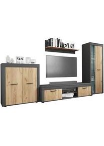 Mid.you Wohnwand , Anthrazit, Honigeiche , Metall , 4-teilig , 11 Fächer , 300x159x37 cm , erweiterbar, stehend, hängend , Wohnzimmer, Wohnwände, Komplette Wohnwände