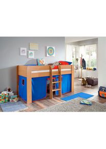 Relita , Hochbett »Andi« mit Rolllattenrost und Vorhang, mit Leiter, pflegel. Dekor Oberfläche , Buche Dekor natur blau/rot