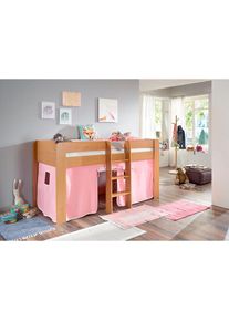Relita , Hochbett »Andi« mit Rolllattenrost und Vorhang, mit Leiter, pflegel. Dekor Oberfläche , Buche Dekor natur rosa/weiß