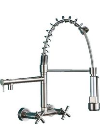 KLARWERK Bjorn | Rubinetto da parete gastronomia argent Rubinetto cucina professionale in acciaio inox con due doccette|doppio lavello da parete