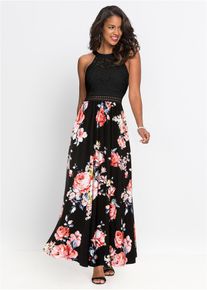 Maxikleid mit Blumen-Print und Spitze, schwarz, Gr&ouml;&szlig;e 38, bonprix
