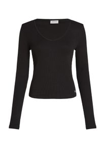 Calvin Klein Shirt met lange mouwen WOVEN LABEL RIB V-NECK LS dames longsleeves maat XXL (44) zwart