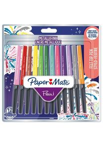 Paper Mate Flair Stifte | Metallic-Filzstifte | mittlere Spitze (0,7 mm) | glitzernde Tinte glänzt auf weißem Papier | farblich sortiert | 12 Stück