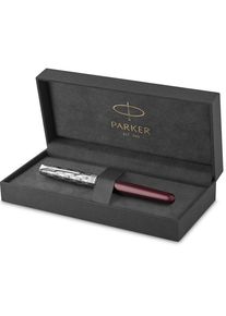 Parker Sonnet Füller | Premium Metal & Red Satinierung mit Chromverkleidung | Füllfederhalter mit feiner 18 Karat Goldfeder und schwarzer Tintenpatrone | Geschenkbox