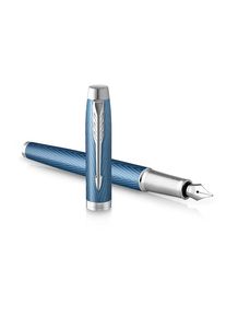 Parker IM F&uuml;ller | Blaugraue Premium-Lackierung mit Chromverzierung | F&uuml;llfederhalter mit feiner Feder und blauer Tinte | Geschenkbox