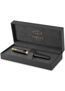 Parker Sonnet Tintenroller | Schwarze Lackierung mit Goldzierteilen | feine Spitze | Schwarze Tinte | Geschenkbox
