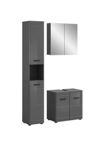 Welltime, Badm&ouml;bel-Set &raquo;Doux, bestehend aus: Hochschrank, Waschbeckenunterschrank, &laquo; 3 Stk. tlg., Grau / Grau Hochglanz, Holzwerkstoff, MDF, B/H/T: 