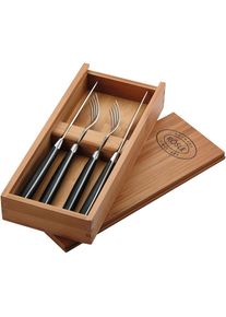 Rösle RÖSLE , Steakbesteck Set mit 2 Steakmessern und 2 Steakgabeln, inkl. praktischer Holzbox , schwarz/edelstahlfarben