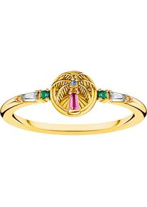 Thomas Sabo, Damen, Fingerring &raquo;Festival Vibes: Ring mit Palme&laquo; mit Glas-Keramik Stein, Korund (synth.), Zirkonia (synth.), gelbgoldfarben-rot-wei&szlig;-
