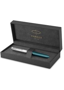 Parker 51 F&uuml;ller | Petrolblauer Schaft mit Chromfarbenen Zierteilen | F&uuml;llfederhalter mit feiner Feder und schwarzer Tintenpatrone | Geschenkbox