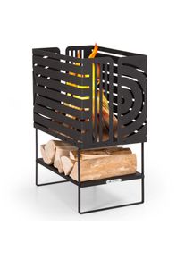 Blumfeldt Krakatoa, tűzrakóhely, tömör acél, fa tárolórekesz, lézer-vágott design