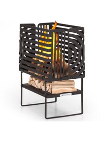 Blumfeldt Krakatoa, tűzrakóhely, tömör acél, fa tárolórekesz, lézer-vágott design