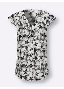 Dames Lange blouse met volant bij de V-hals in ecru/antraciet bedrukt ,maat 46, WITT, 100% Polyester