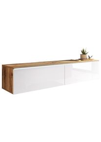 P & B Lowboard, Eiche Wotan, Wei&szlig; Hochglanz, Kunststoff, kaltwei&szlig;, 140x30x33 cm, Fsc, Made in EU, stehend, h&auml;ngend, Beleuchtung, in verschiedenen Holzdekoren erh&auml;ltlich, Wohnzimmer, TV M&ouml;bel, Lowboards, Lowboards stehend